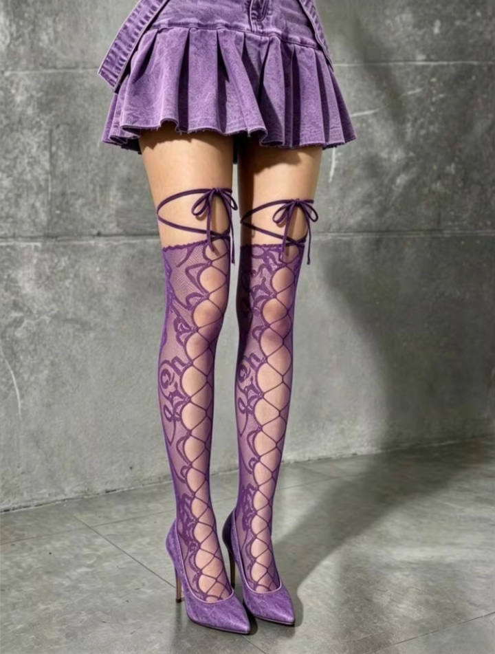 Women’s Black Lace-Up Over-the-Knee Fishnet Stockings – Crisscross Sheer Thigh-High Hosiery